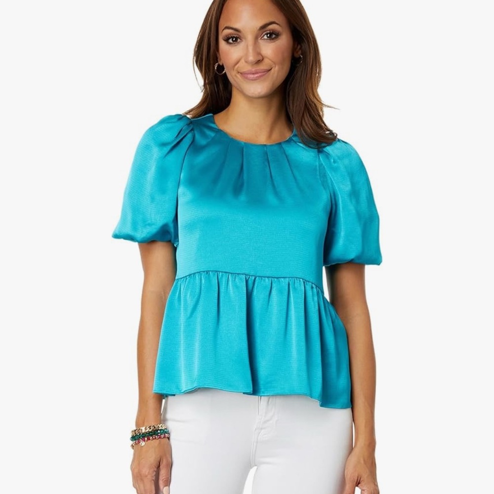 Blue Peplum Blouse with Rounded Neckline and Puffy Sleeves